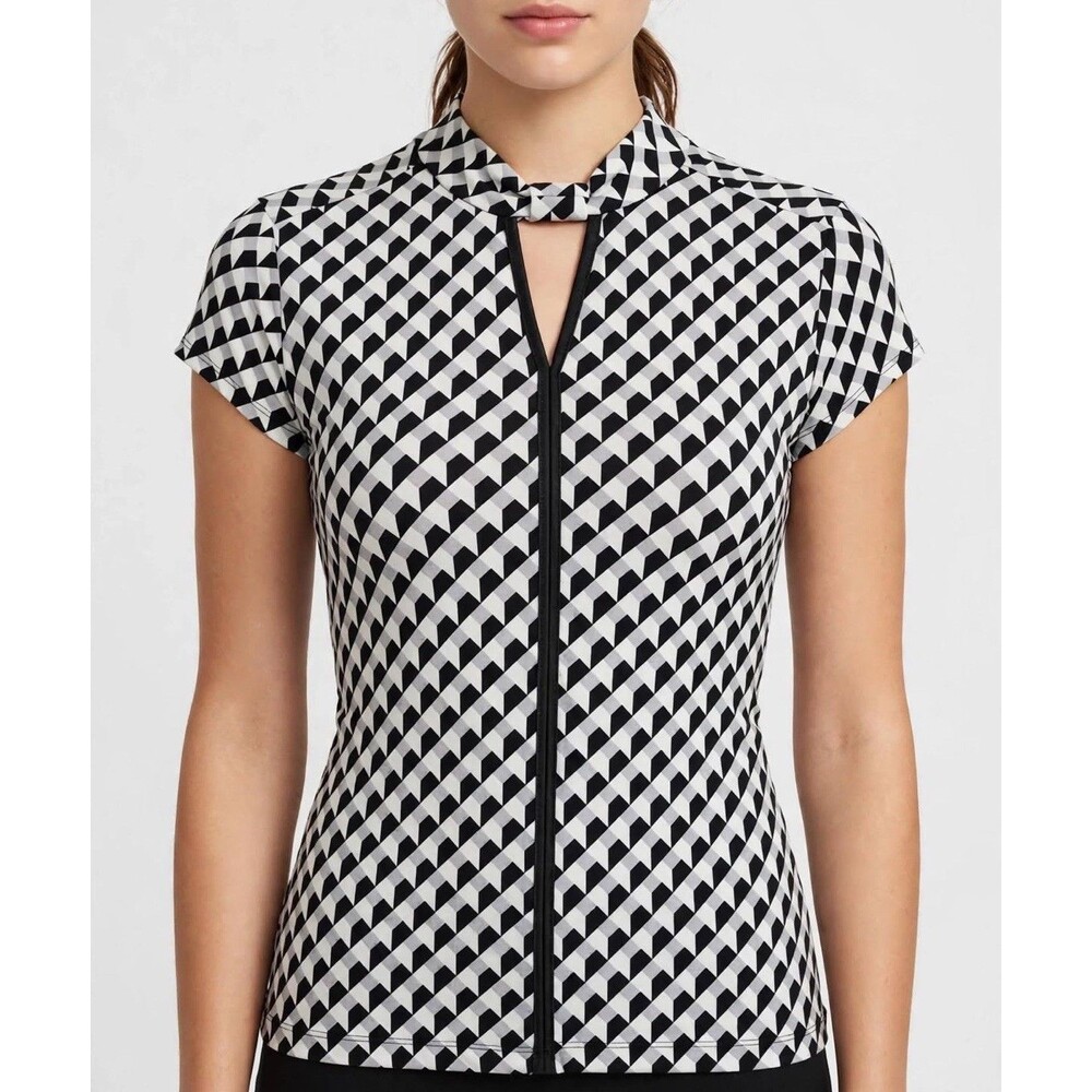 Womens Geometric Blouse PS Black White Keyhole Top Worthington Career